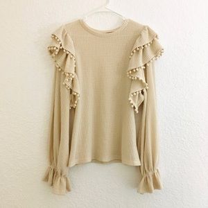 NWOT Shein Curve Boho Cream Pom Pom Trim Ruffle Flounce Bell Sleeves